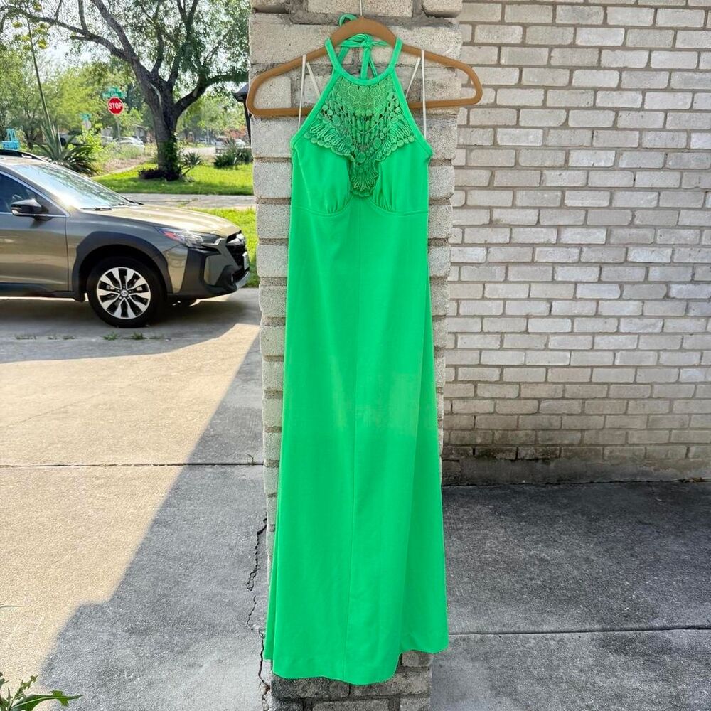 Vintage Retro 70s Green Halter Maxi Dress